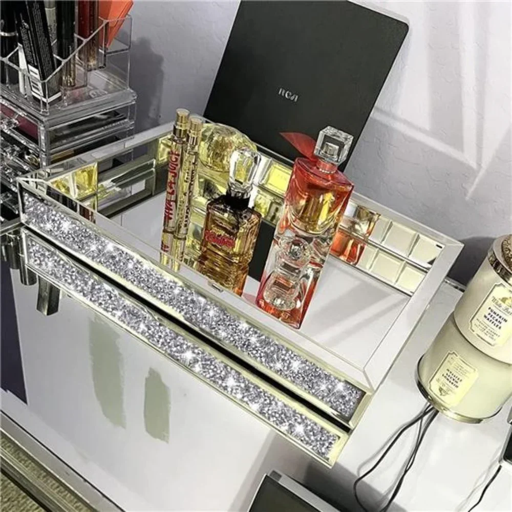 Mirror Jewelry Organizer fits Dresser Bedroom,Crushed Diamond Bathroom Tray